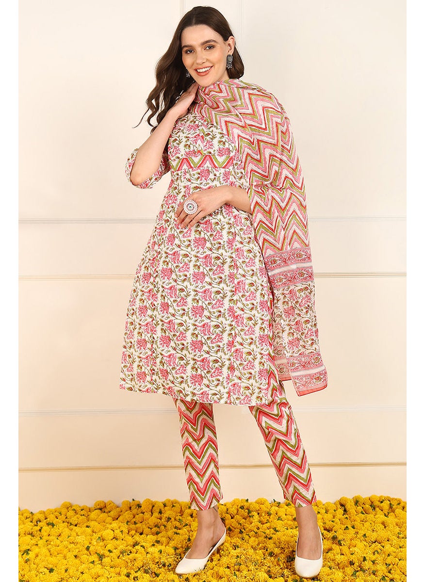 Pink Pure Cotton Floral Printed Straight Kurat Set