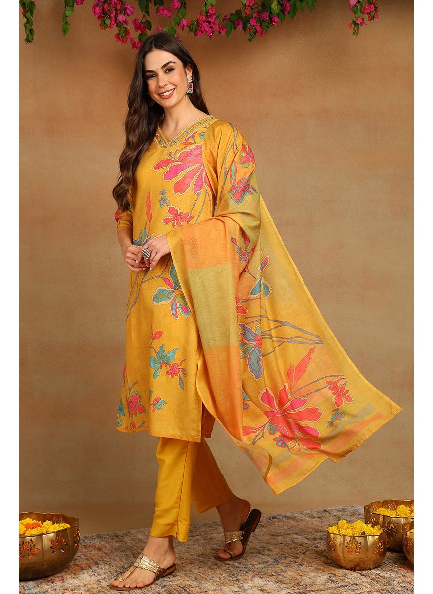 Mustard Yellow Rayon Blend Floral Printed Straight 3-Piece Kurta Set