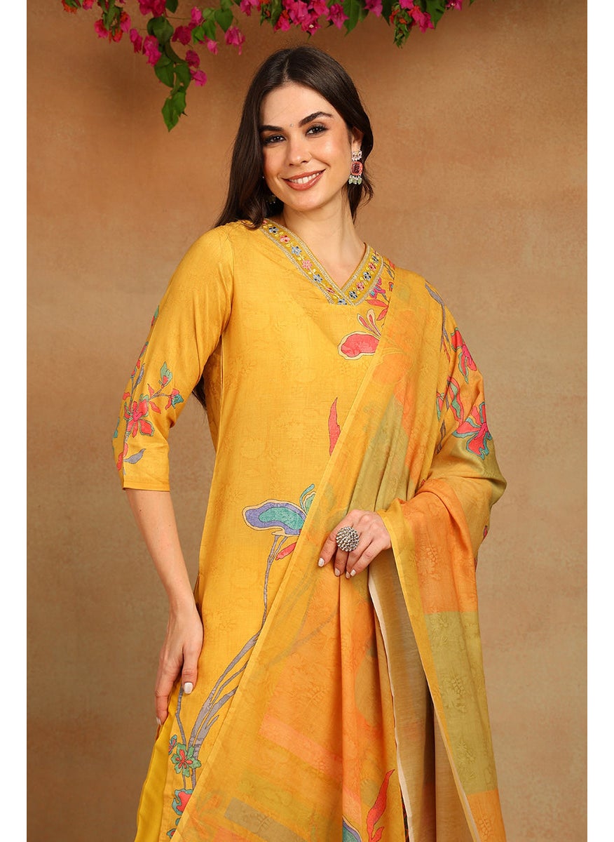Mustard Yellow Rayon Blend Floral Printed Straight 3-Piece Kurta Set