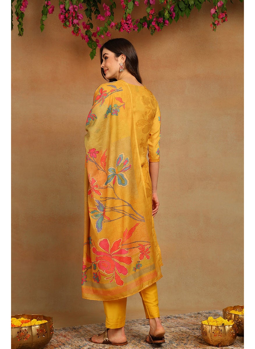 Mustard Yellow Rayon Blend Floral Printed Straight 3-Piece Kurta Set