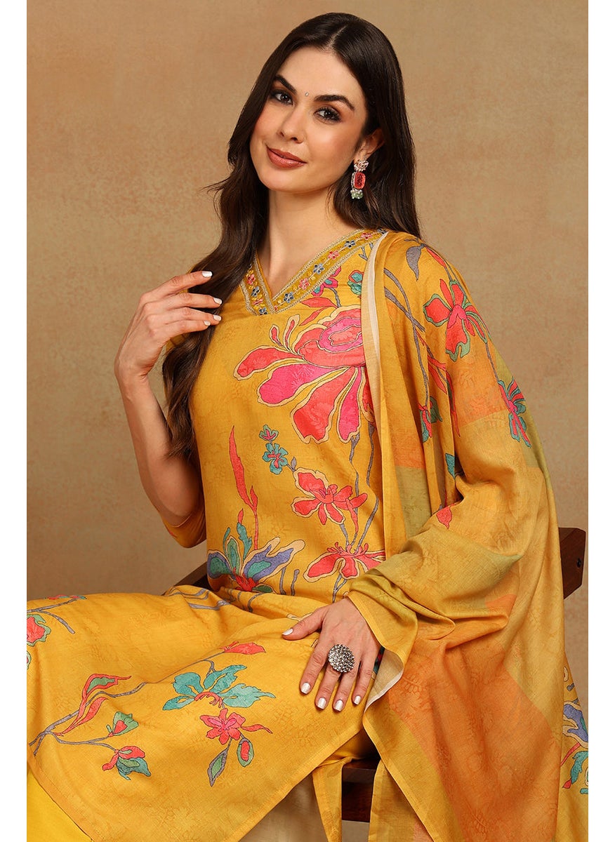 Mustard Yellow Rayon Blend Floral Printed Straight 3-Piece Kurta Set
