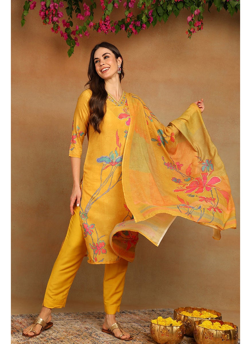 Mustard Yellow Rayon Blend Floral Printed Straight 3-Piece Kurta Set