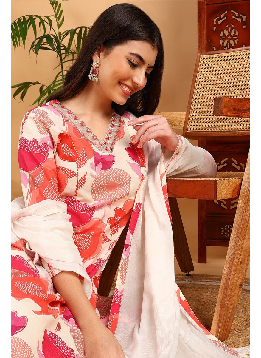 White Rayon Blend Floral Printed Straight Kurta Set