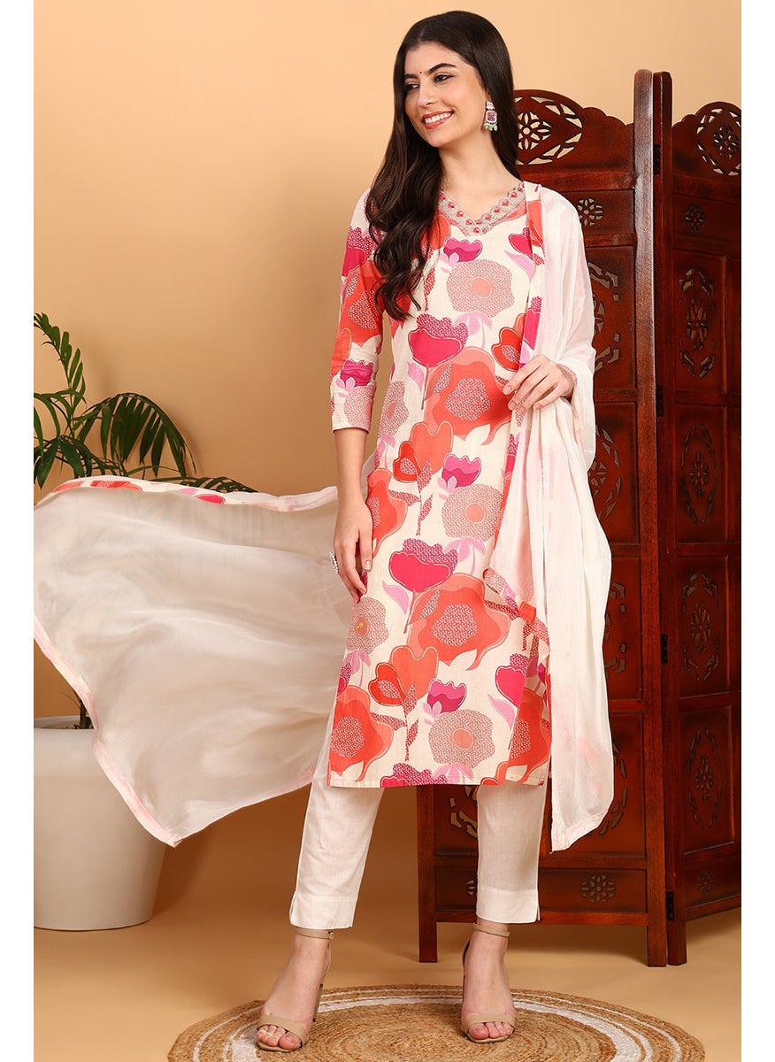 White Rayon Blend Floral Printed Straight Kurta Set