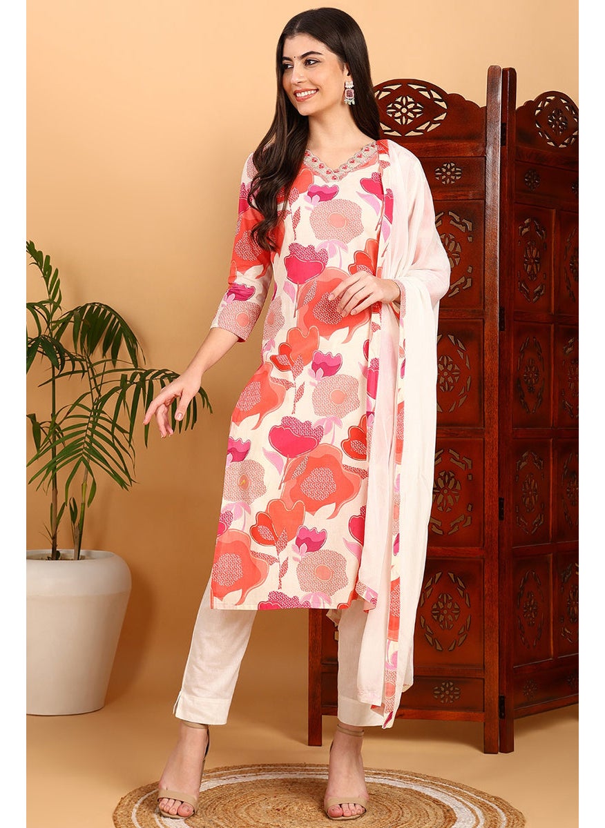 White Rayon Blend Floral Printed Straight Kurta Set