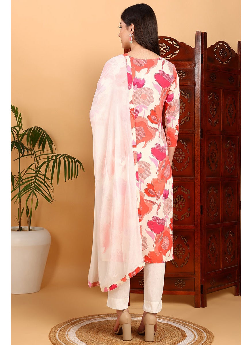 White Rayon Blend Floral Printed Straight Kurta Set