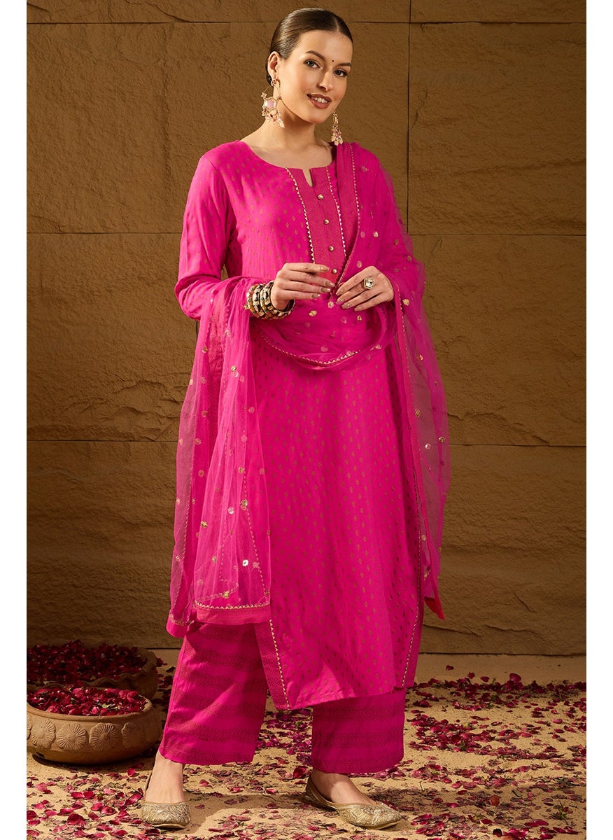 Pink Viscose Rayon Motifs Printed Straight 3-Piece Kurta Set