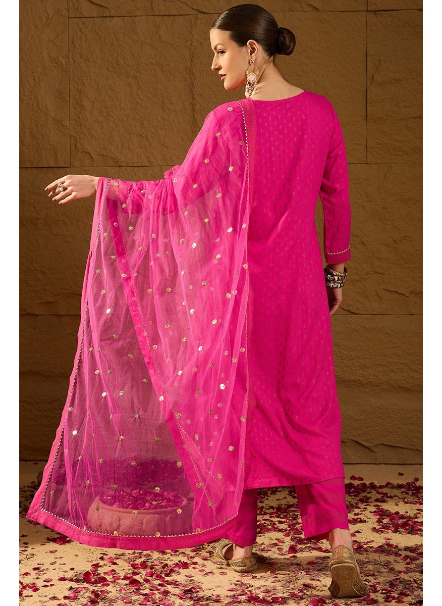 Pink Viscose Rayon Motifs Printed Straight 3-Piece Kurta Set
