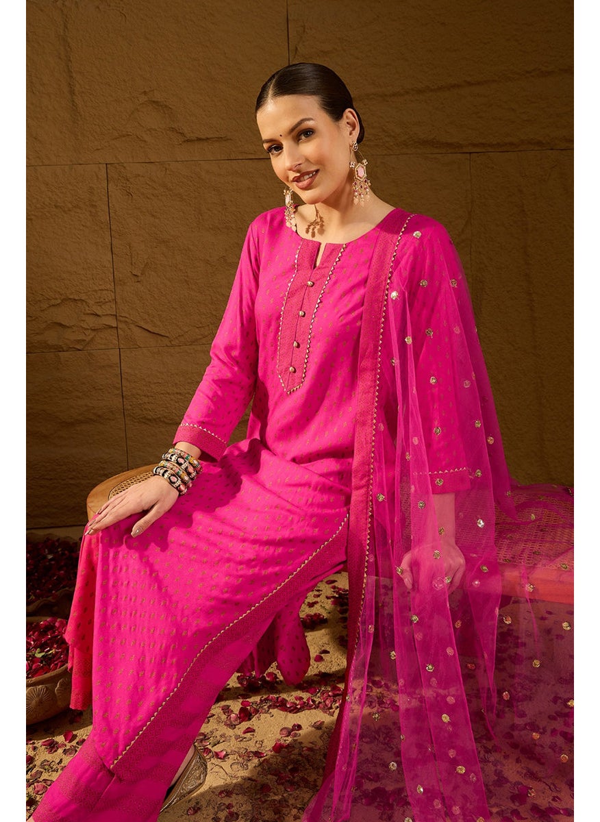 Pink Viscose Rayon Motifs Printed Straight 3-Piece Kurta Set