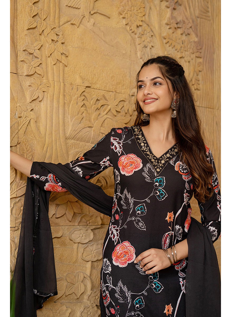 Black Rayon Blend Floral Printed Straight Kurta Set