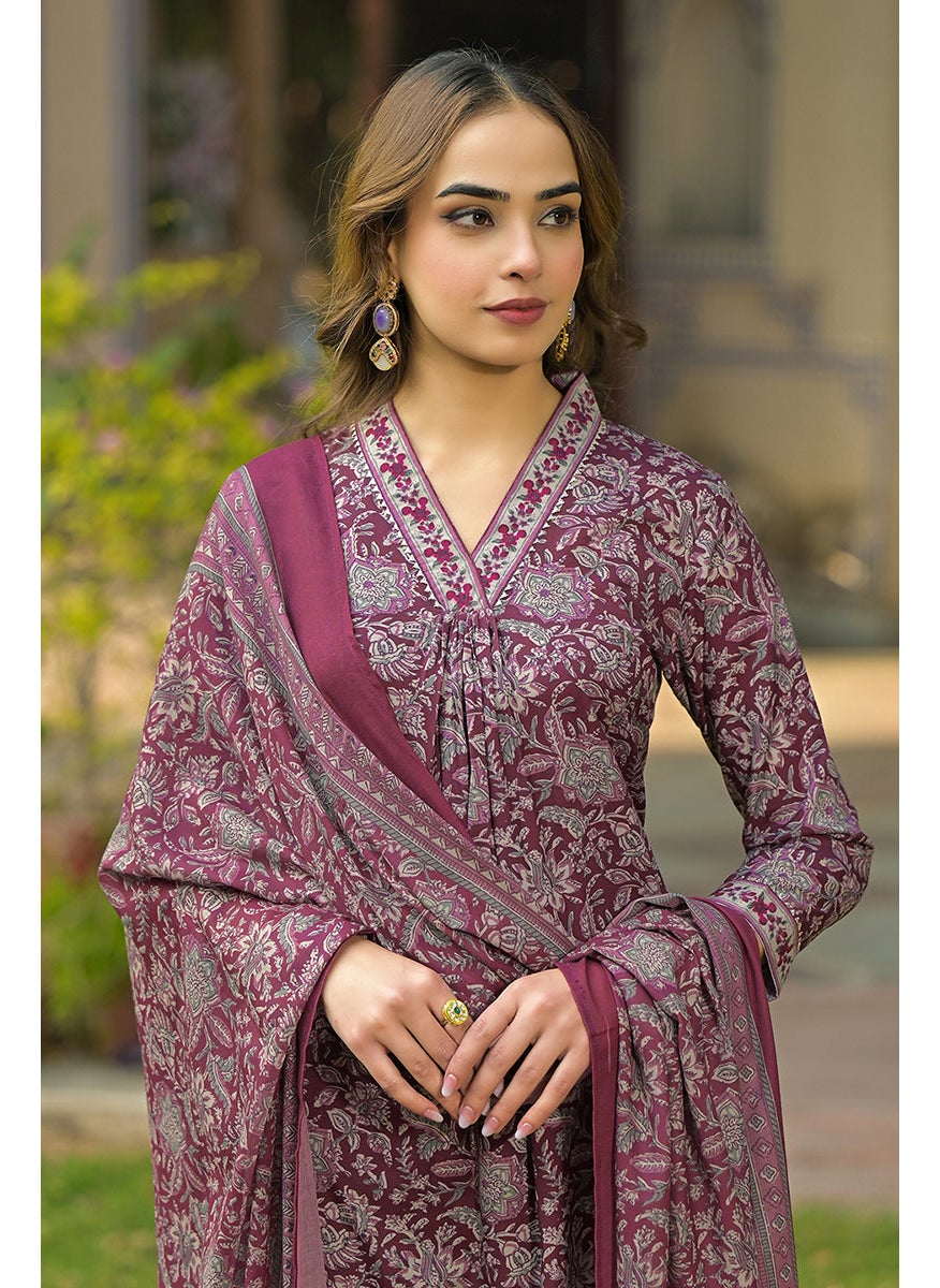Burgundy Rayon Blend Floral Printed Straight 3-Piece Kurta Set