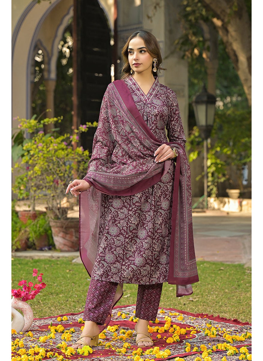Burgundy Rayon Blend Floral Printed Straight 3-Piece Kurta Set