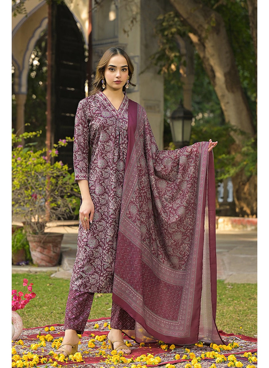 Burgundy Rayon Blend Floral Printed Straight 3-Piece Kurta Set