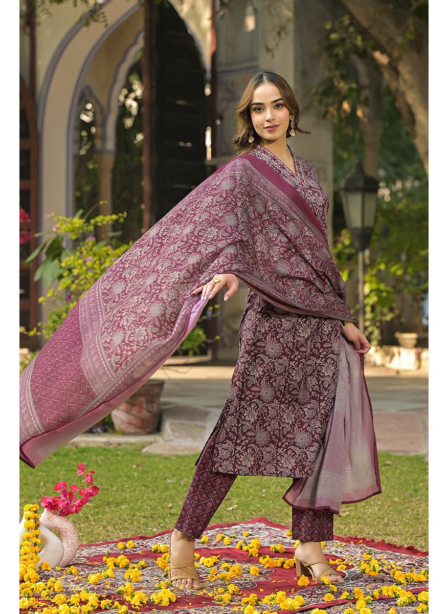 Burgundy Rayon Blend Floral Printed Straight 3-Piece Kurta Set