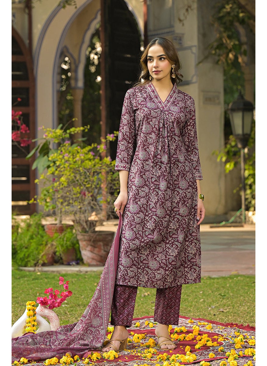 Burgundy Rayon Blend Floral Printed Straight 3-Piece Kurta Set
