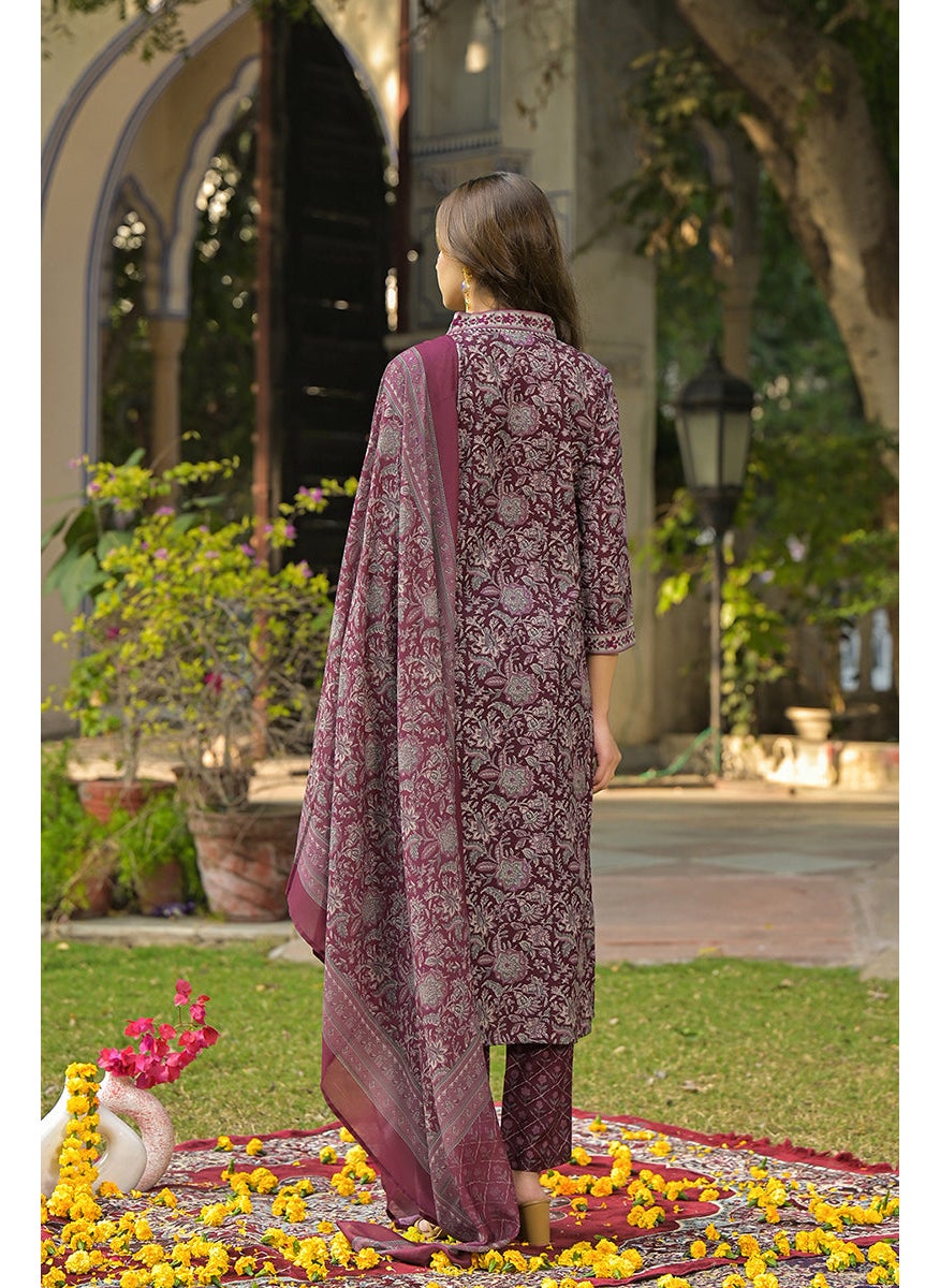 Burgundy Rayon Blend Floral Printed Straight 3-Piece Kurta Set