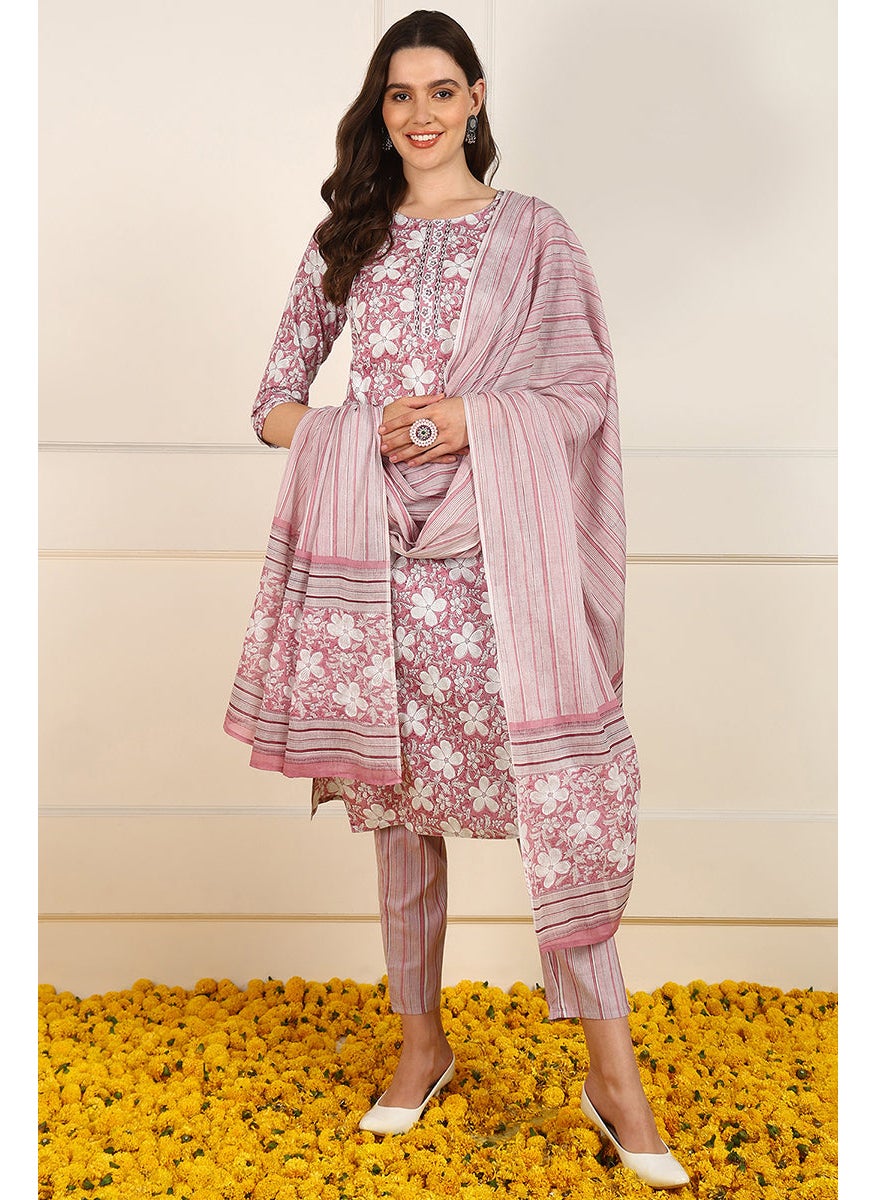 Pink Cotton Floral Printed Straight Kurta Set