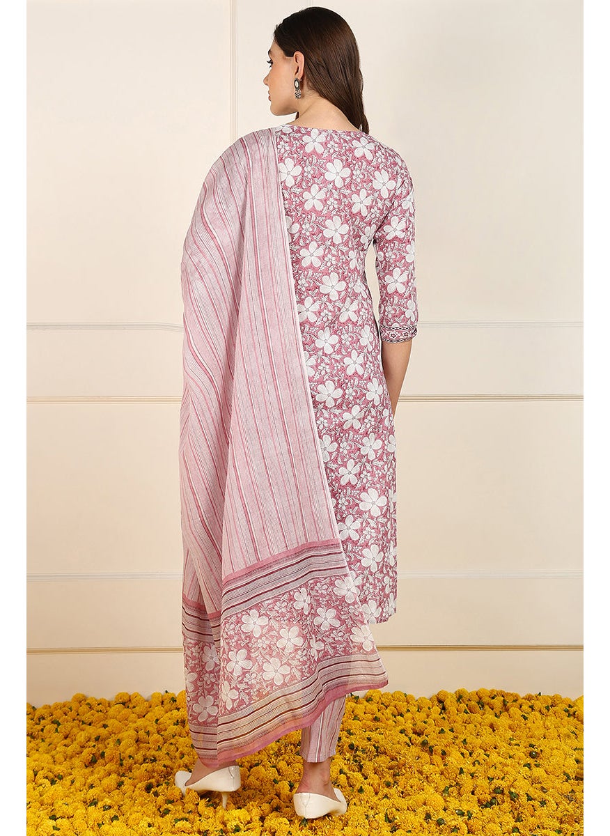 Pink Cotton Floral Printed Straight Kurta Set