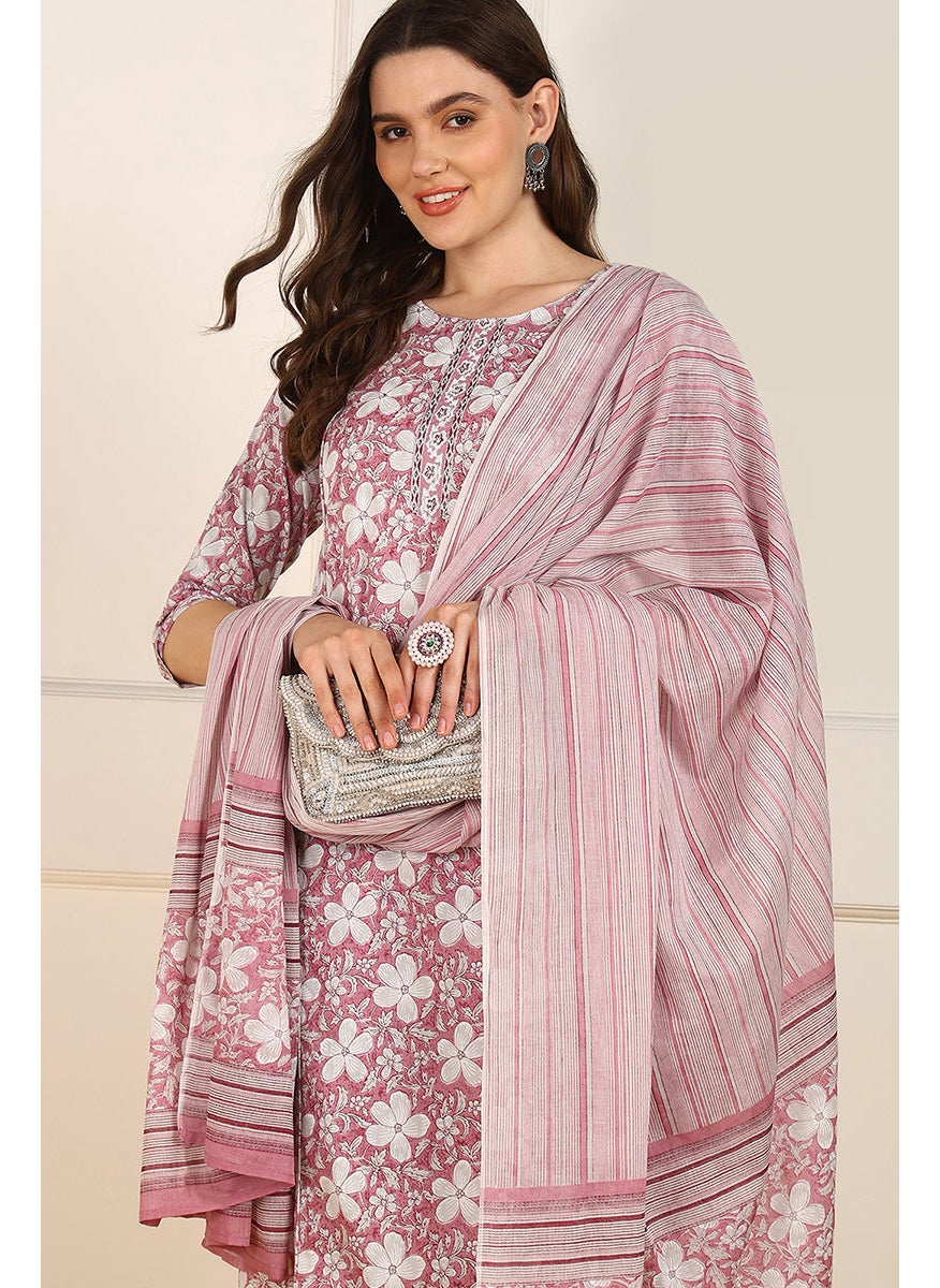 Pink Cotton Floral Printed Straight Kurta Set