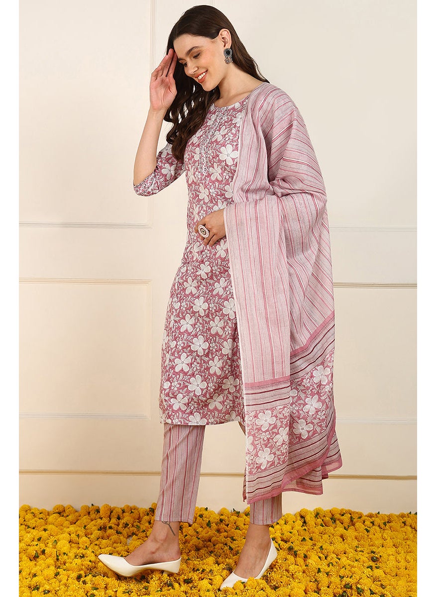 Pink Cotton Floral Printed Straight Kurta Set