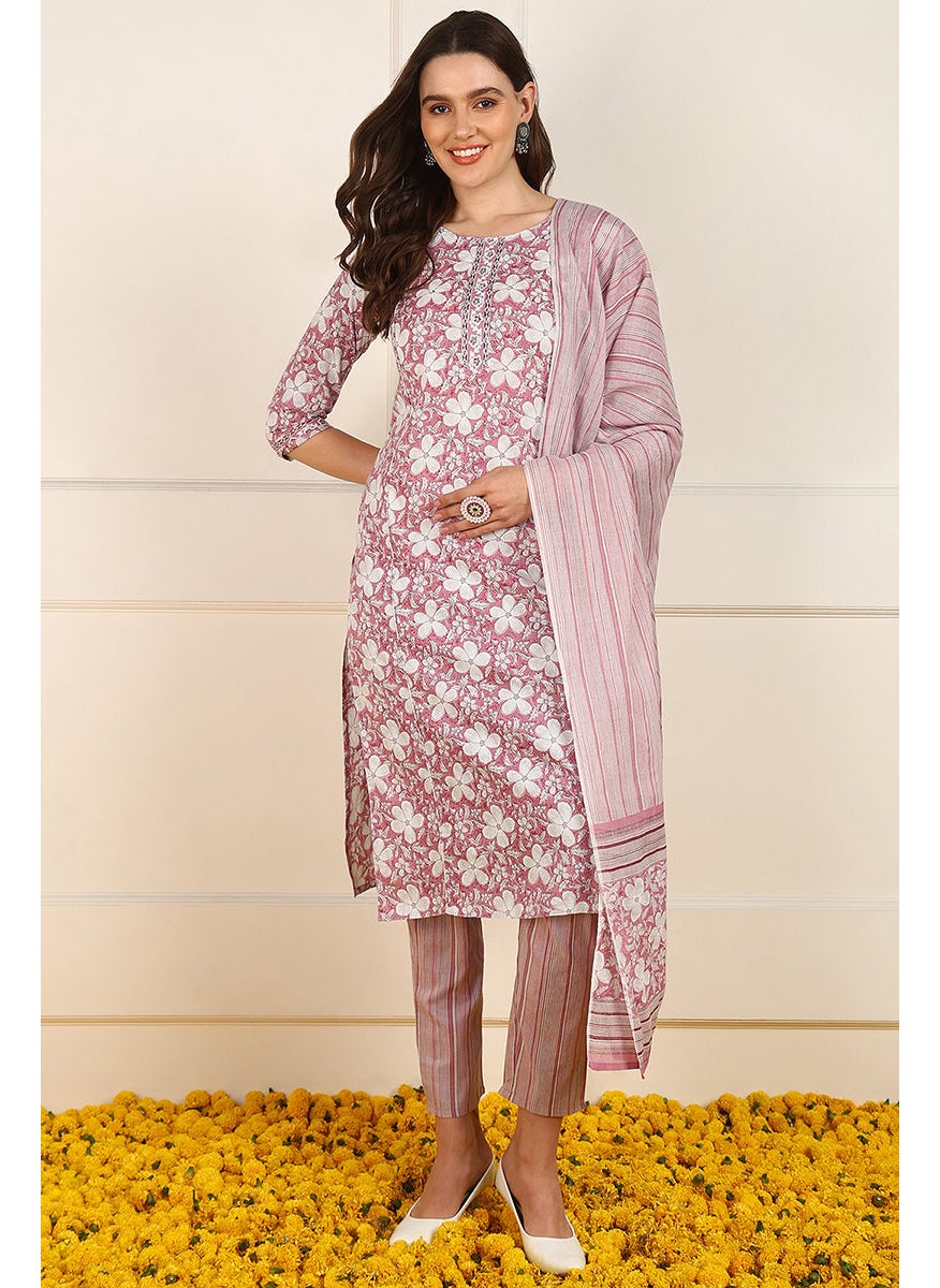 Pink Cotton Floral Printed Straight Kurta Set