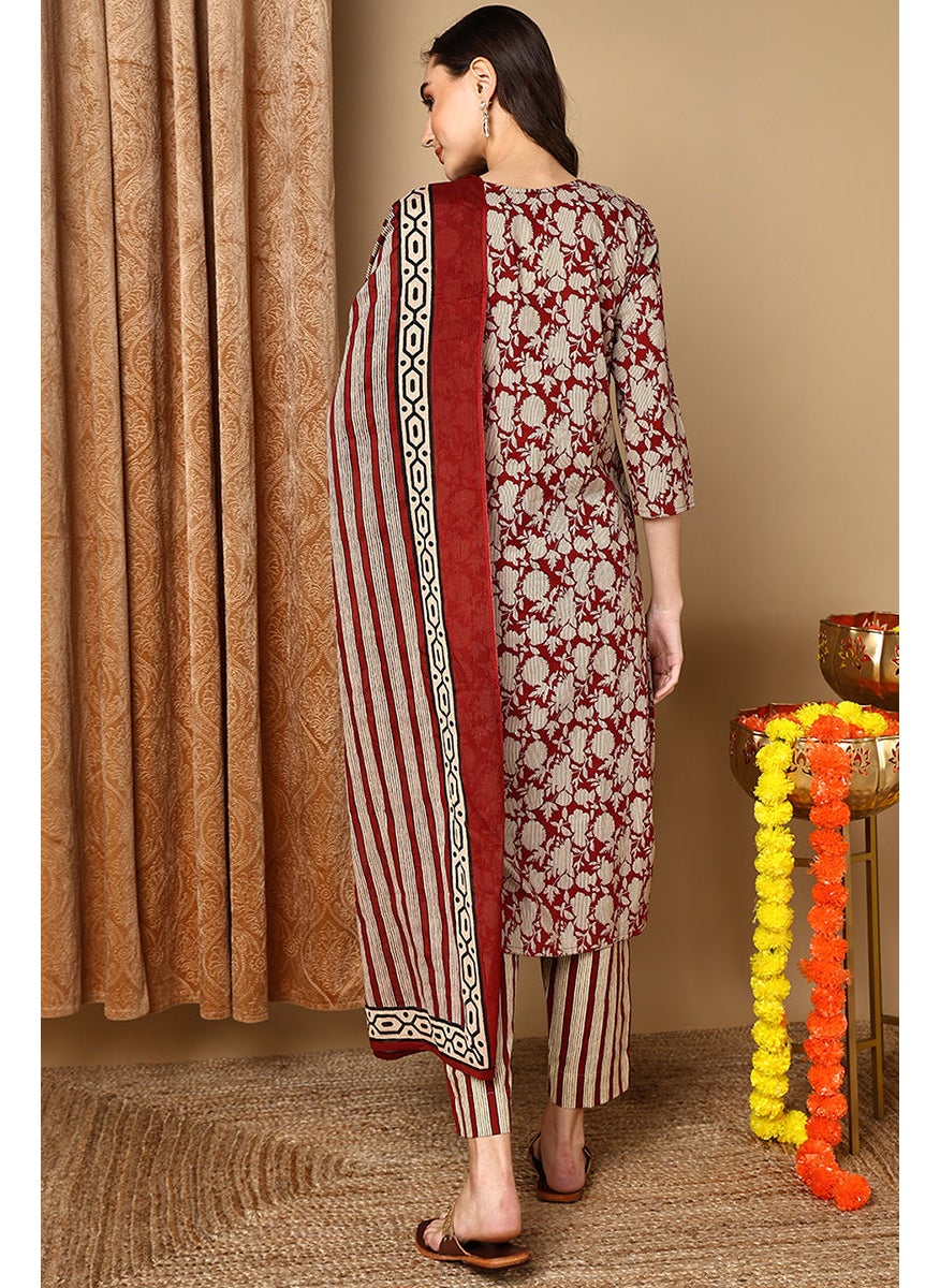 Maroon Rayon Blend Embroidered Floral Printed Straight Kurta Set