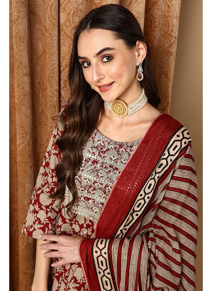 Maroon Rayon Blend Embroidered Floral Printed Straight Kurta Set