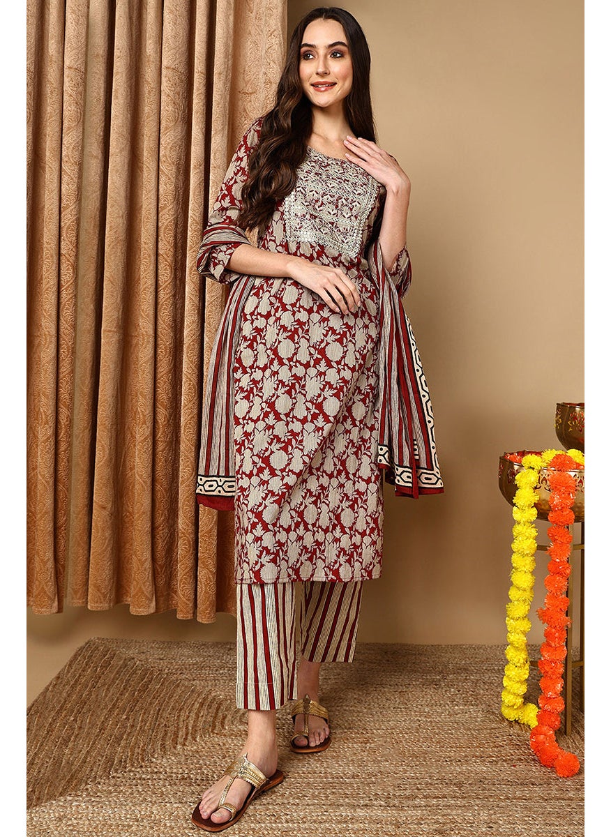 Maroon Rayon Blend Embroidered Floral Printed Straight Kurta Set