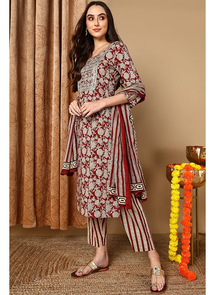 Maroon Rayon Blend Embroidered Floral Printed Straight Kurta Set