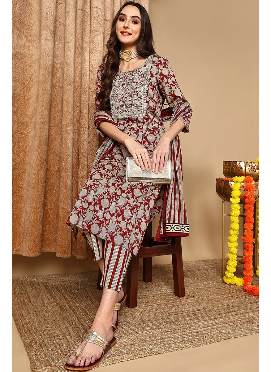 Maroon Rayon Blend Embroidered Floral Printed Straight Kurta Set
