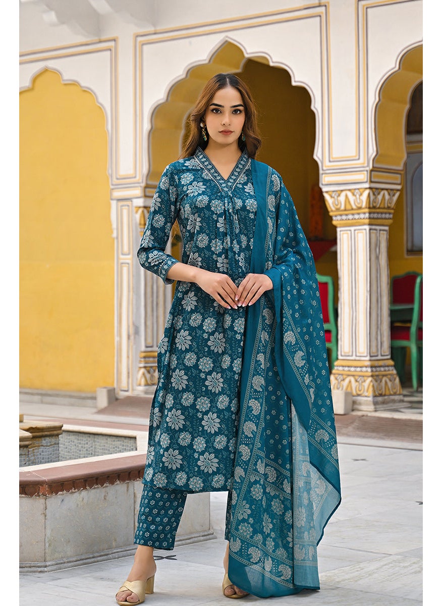 Blue Rayon Blend Floral Printed Straight 3-Piece Kurta Set