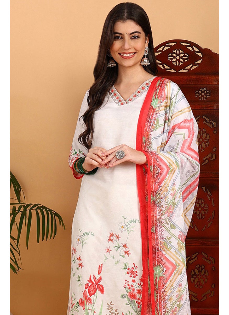 White Rayon Blend Floral Printed Straight 3-Piece Kurta Set