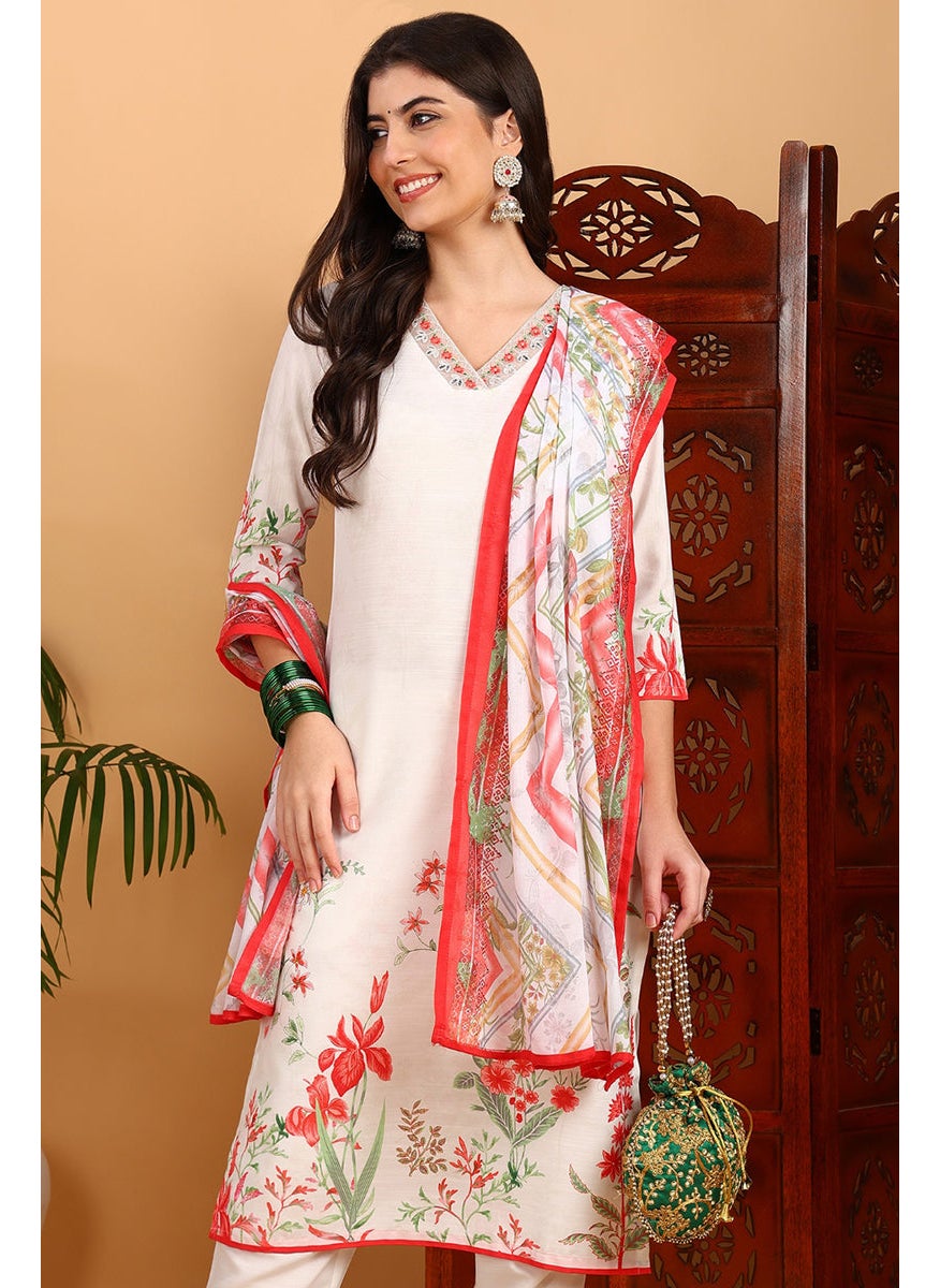 White Rayon Blend Floral Printed Straight 3-Piece Kurta Set