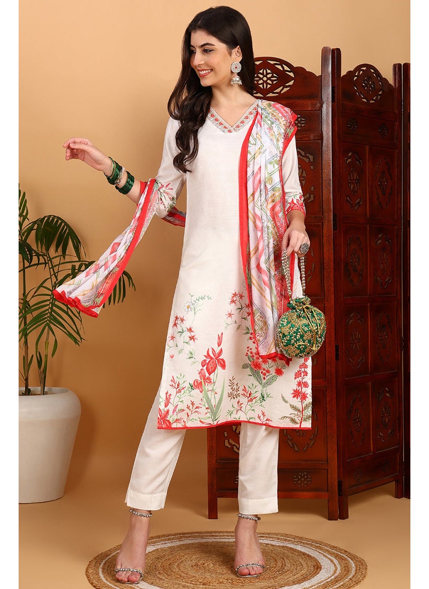 White Rayon Blend Floral Printed Straight 3-Piece Kurta Set