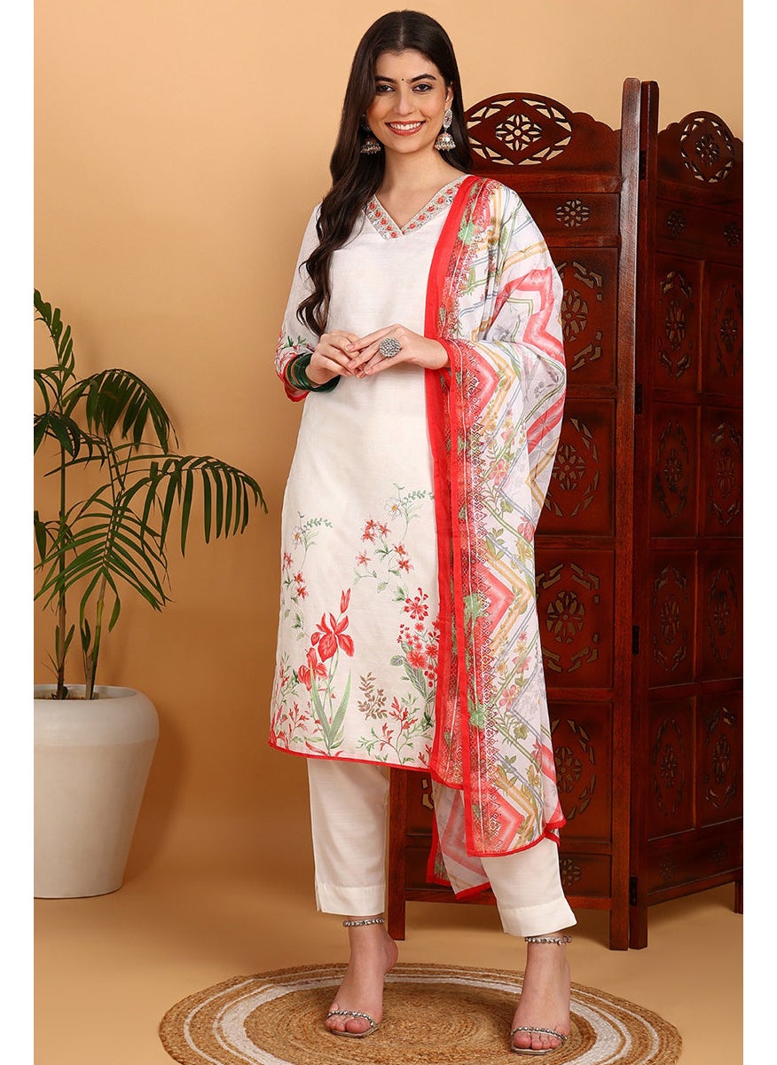 White Rayon Blend Floral Printed Straight 3-Piece Kurta Set