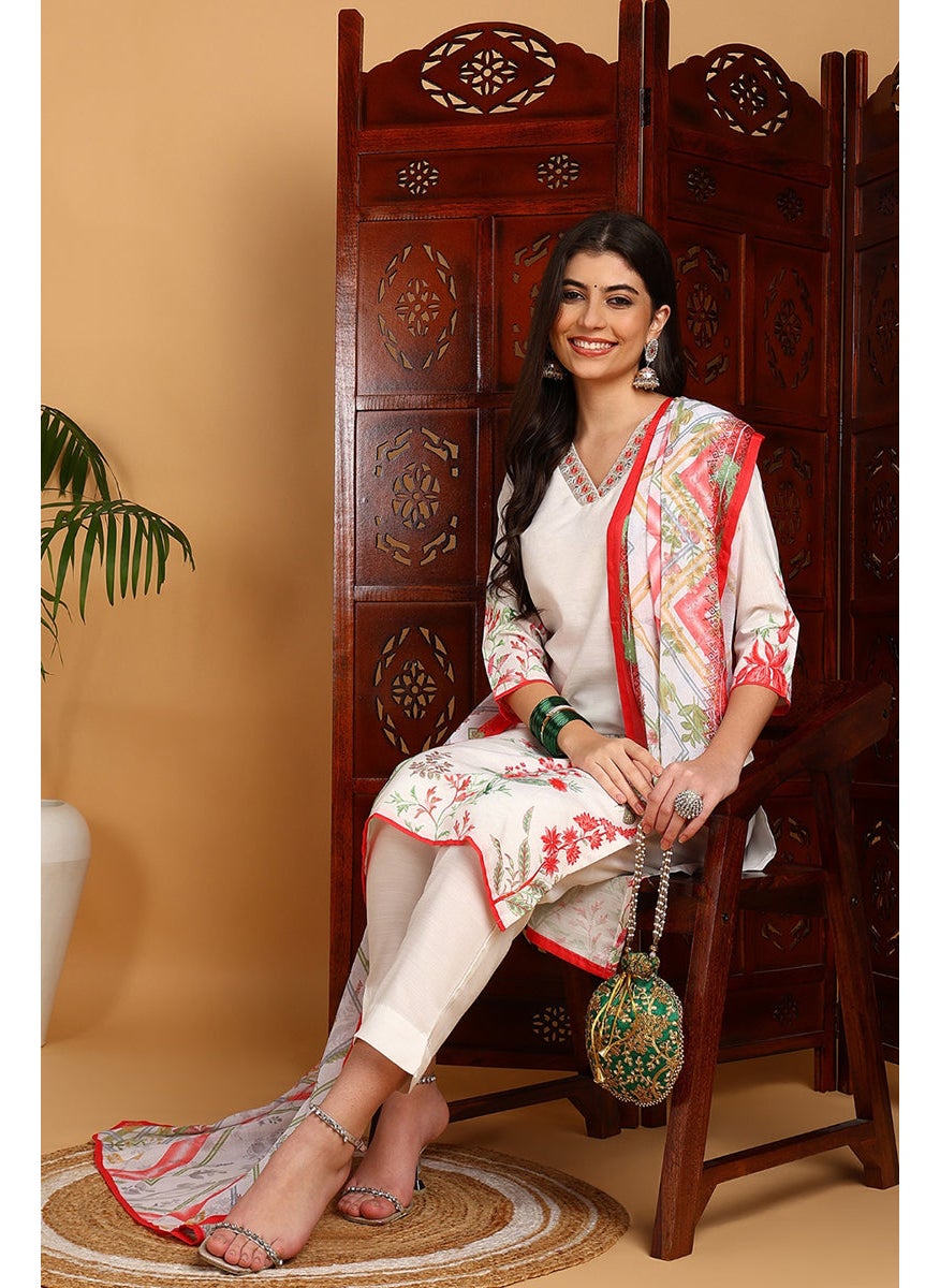 White Rayon Blend Floral Printed Straight 3-Piece Kurta Set