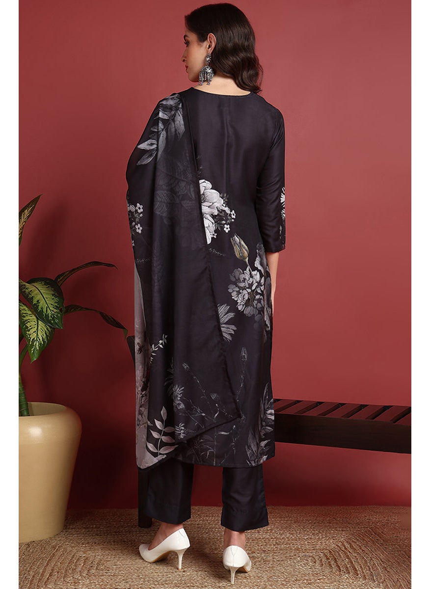 Black Rayon Blend Floral Printed Straight 3-Piece Kurta Set