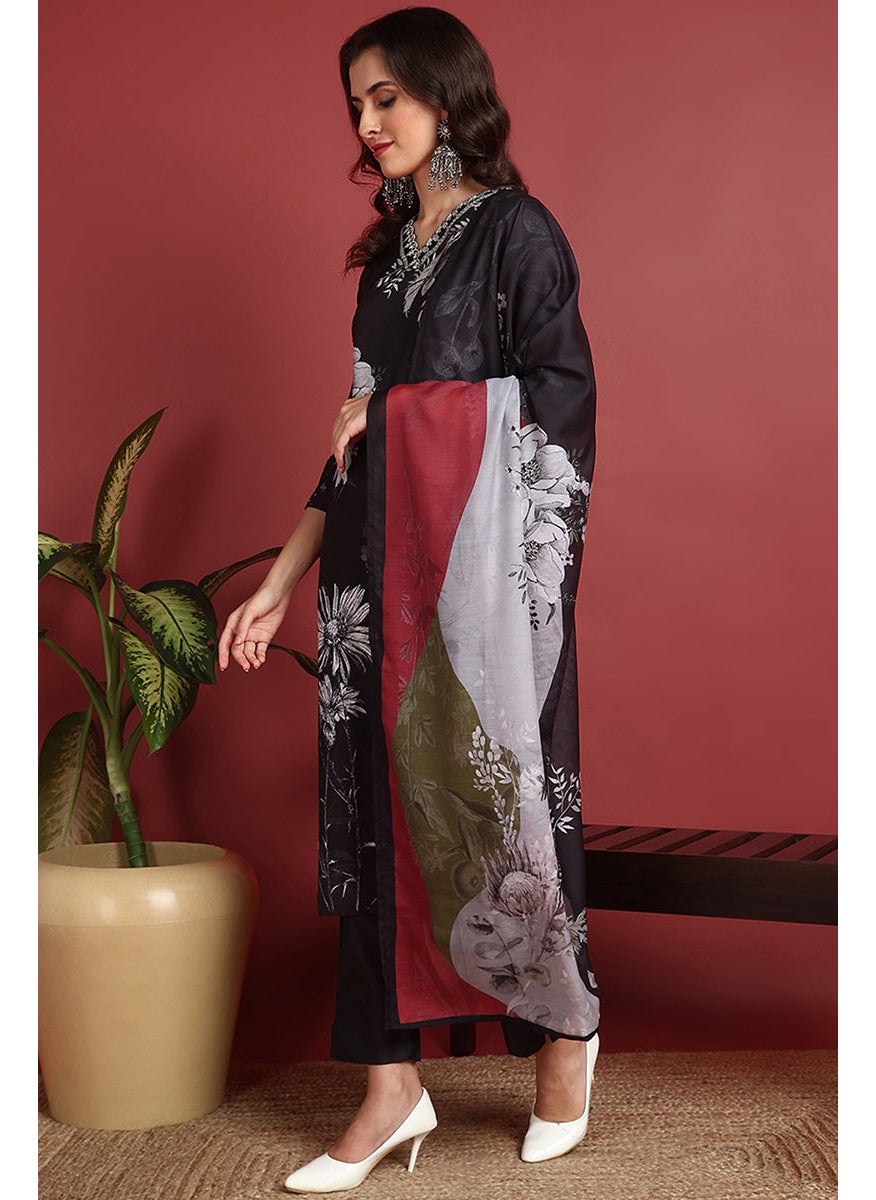 Black Rayon Blend Floral Printed Straight 3-Piece Kurta Set
