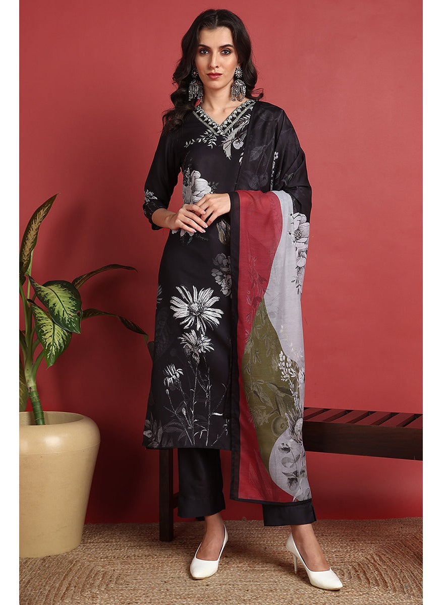 Black Rayon Blend Floral Printed Straight 3-Piece Kurta Set