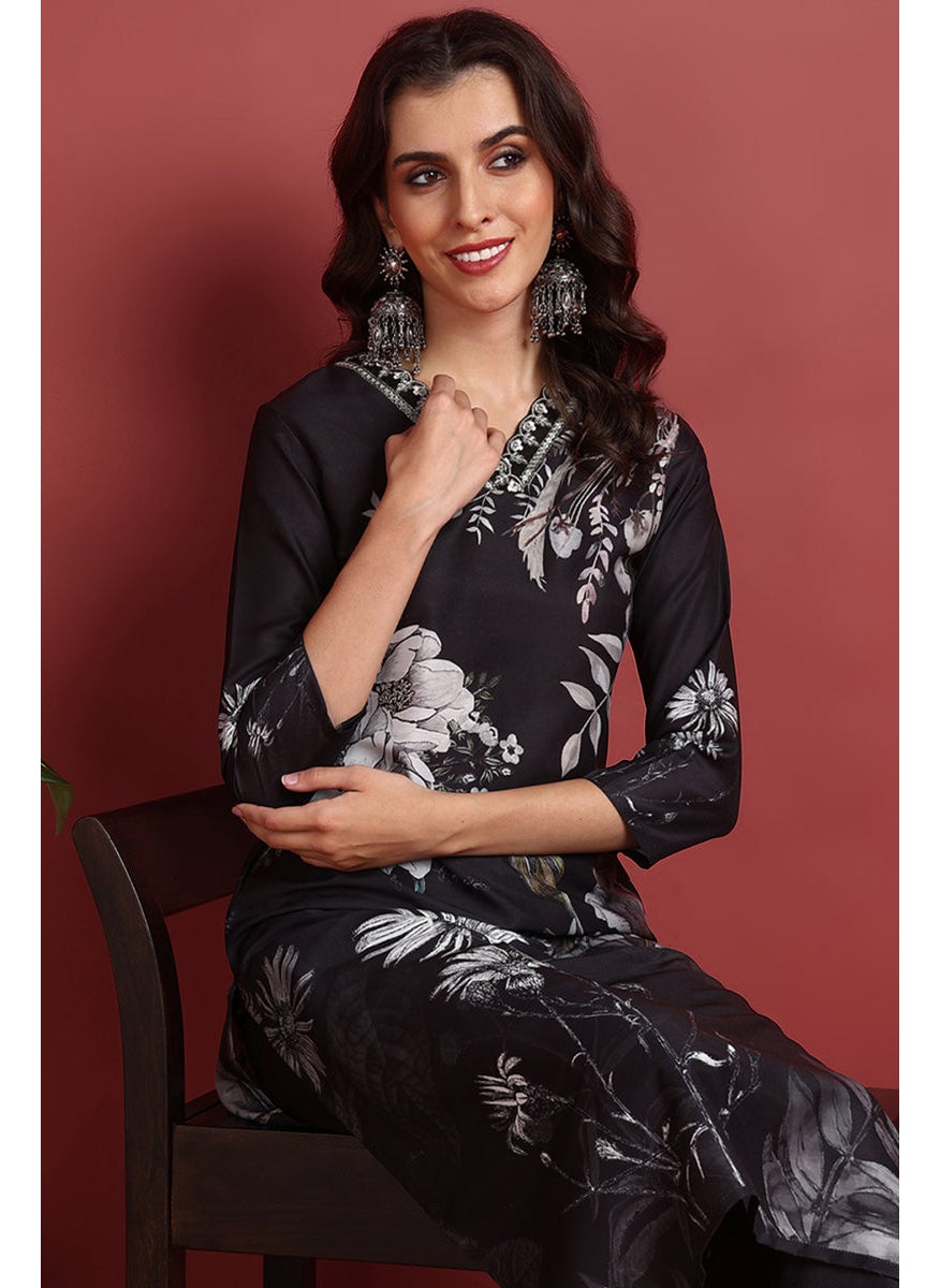 Black Rayon Blend Floral Printed Straight 3-Piece Kurta Set