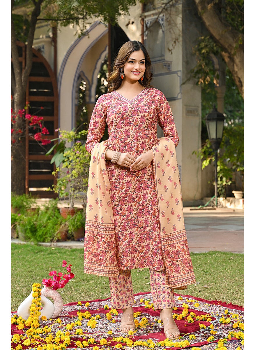 Pink Rayon Blend Floral Printed Straight 3-Piece Kurta Set