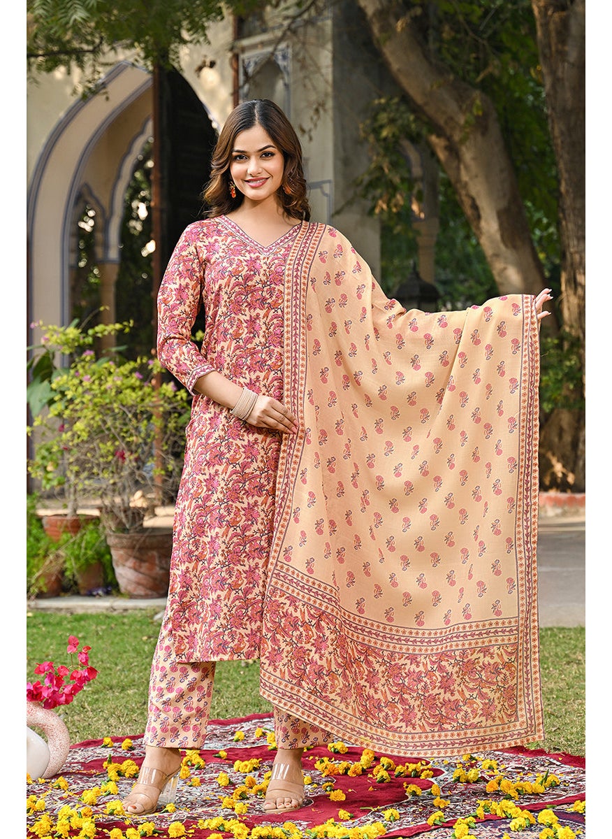 Pink Rayon Blend Floral Printed Straight 3-Piece Kurta Set