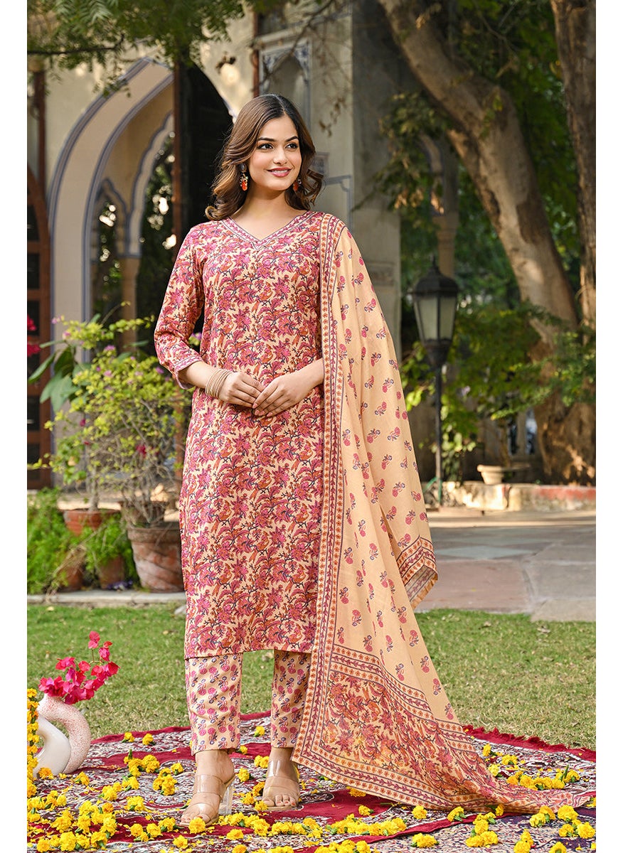 Pink Rayon Blend Floral Printed Straight 3-Piece Kurta Set