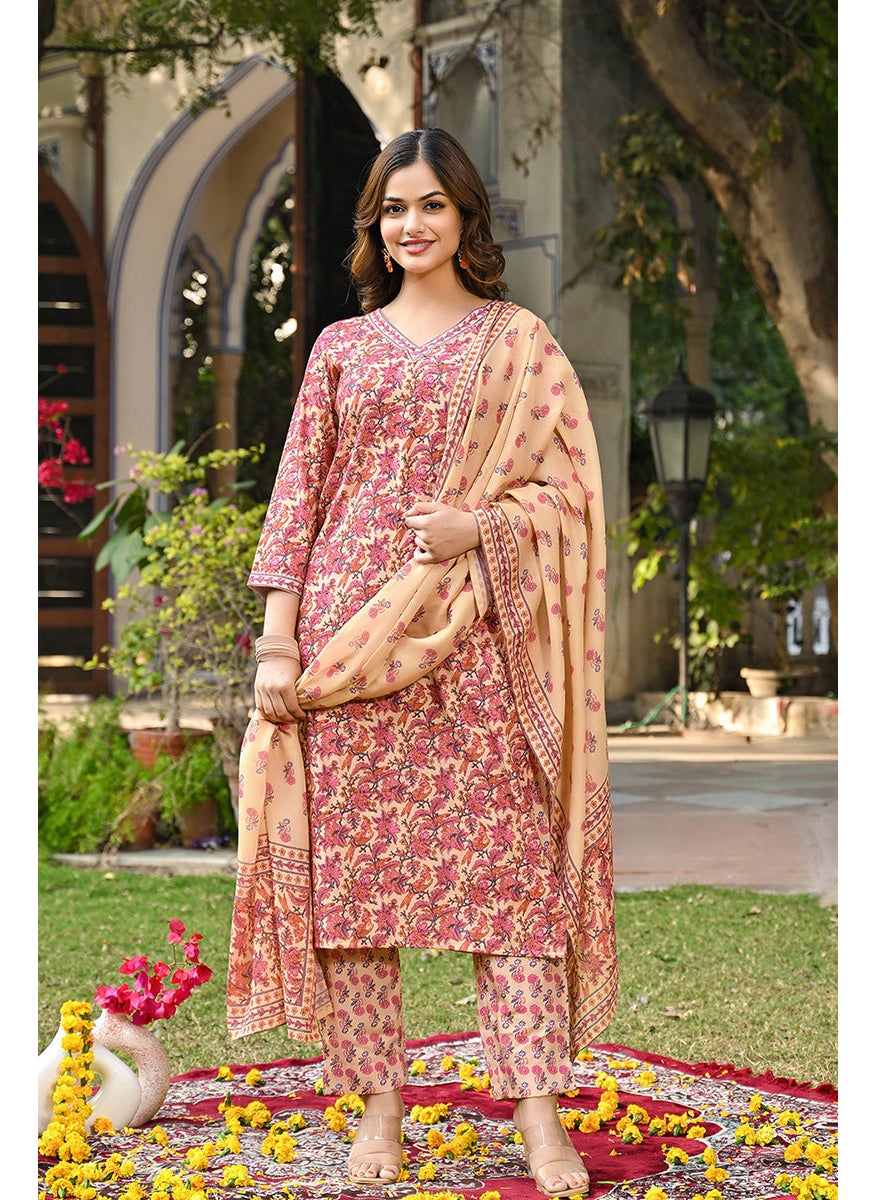 Pink Rayon Blend Floral Printed Straight 3-Piece Kurta Set