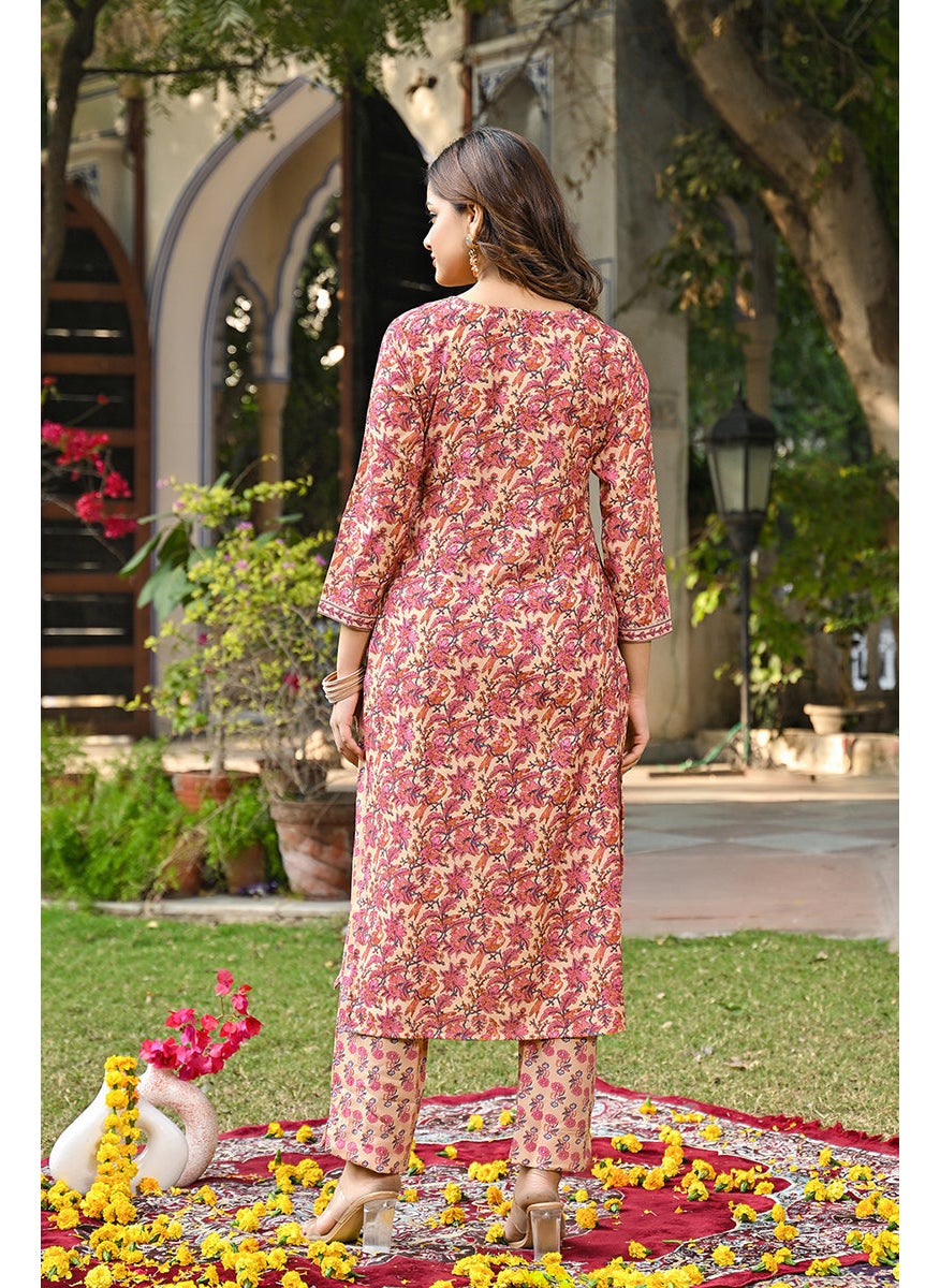 Pink Rayon Blend Floral Printed Straight 3-Piece Kurta Set
