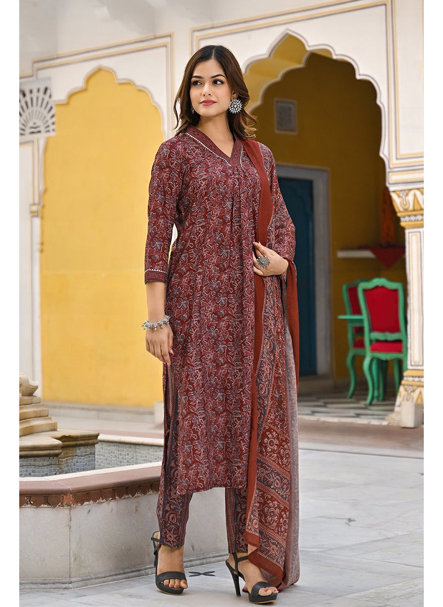 Maroon Rayon Blend Floral Printed Straight 3-Piece Kurta Set
