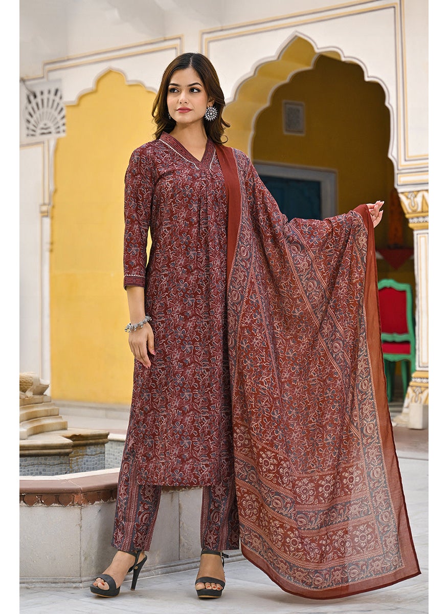 Maroon Rayon Blend Floral Printed Straight 3-Piece Kurta Set