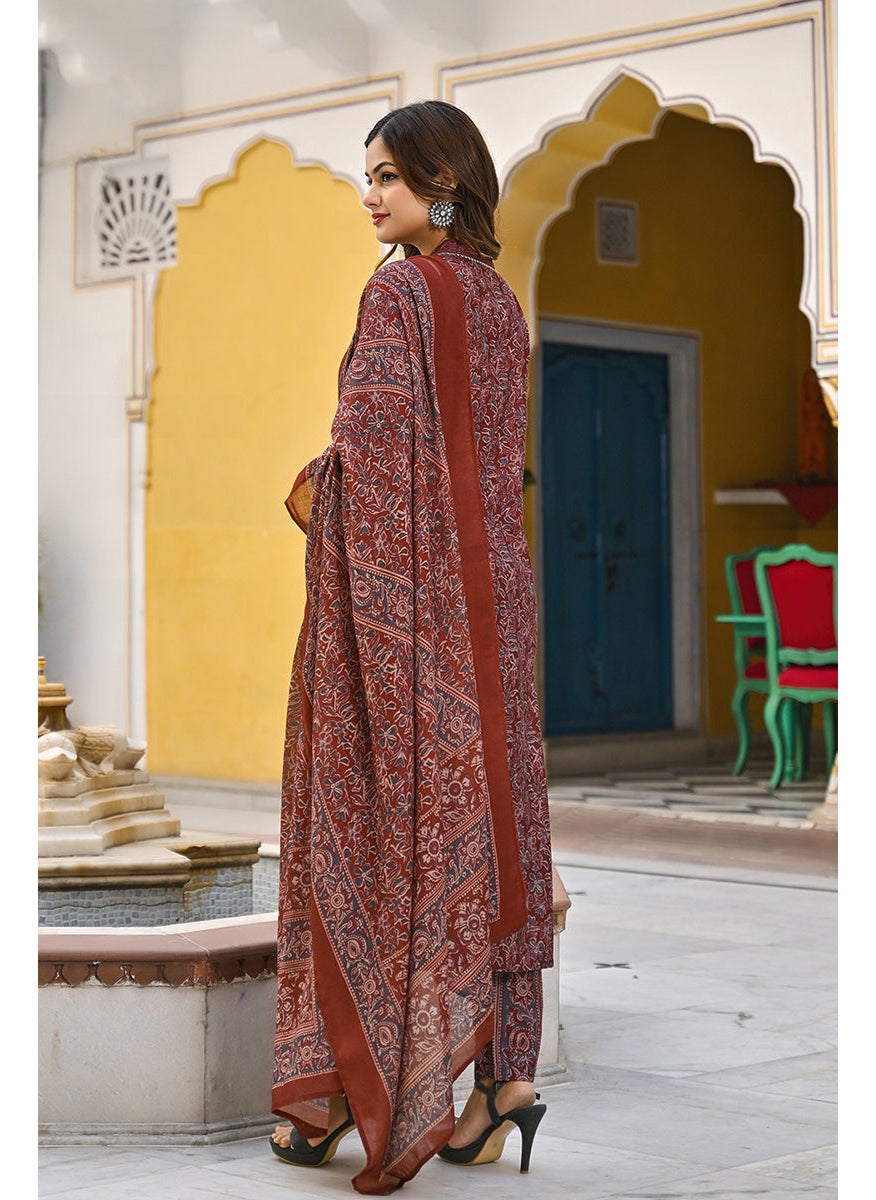 Maroon Rayon Blend Floral Printed Straight 3-Piece Kurta Set