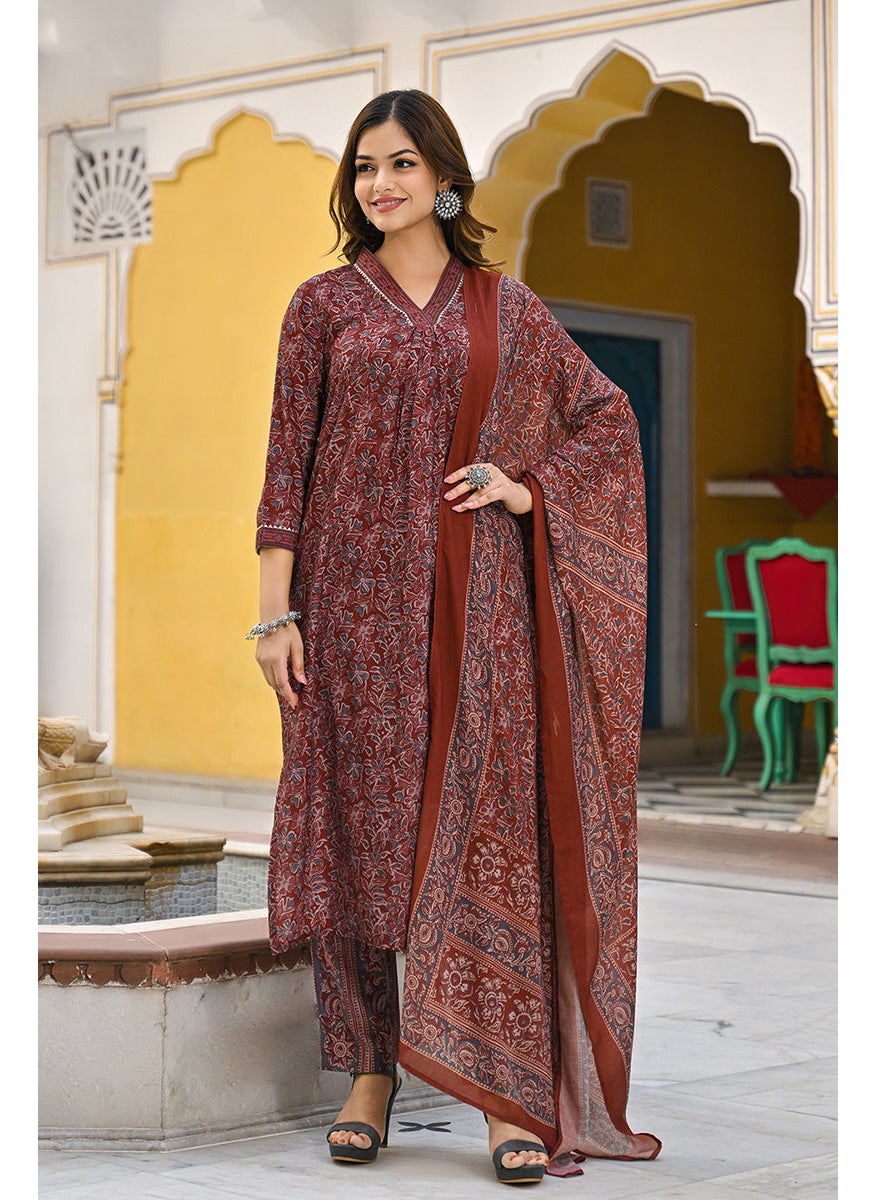 Maroon Rayon Blend Floral Printed Straight 3-Piece Kurta Set