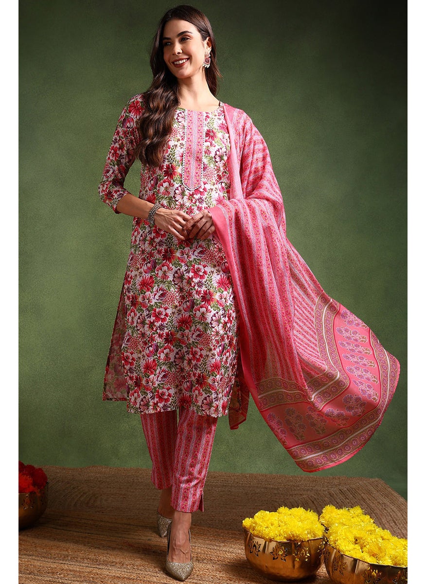 White Rayon Blend Floral Printed Straight 3-Piece Kurta Set